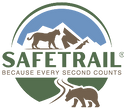 Logo of Safetrail with bears and mountains, featuring the text 'SAFETRAIL BECAUSE EVERY SECOND COUNTS'.